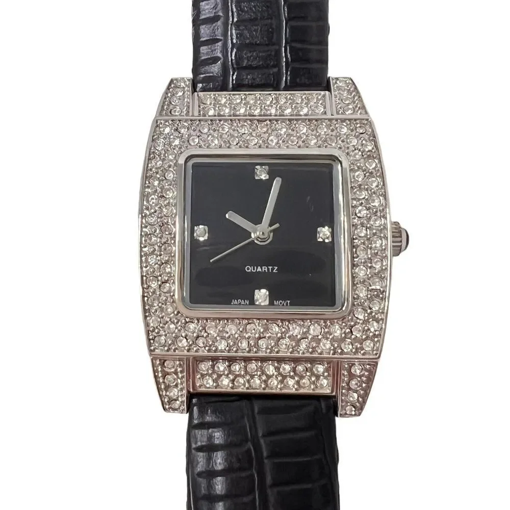 Vintage Women's Watch‎ Black Band Faux Leather Rhinestone Bezel Black Dial